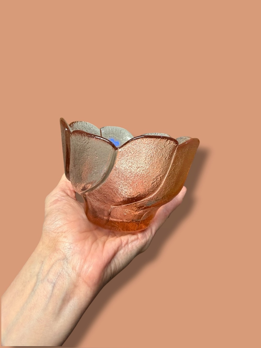 Textured Glass Flower Bowl in pink glow